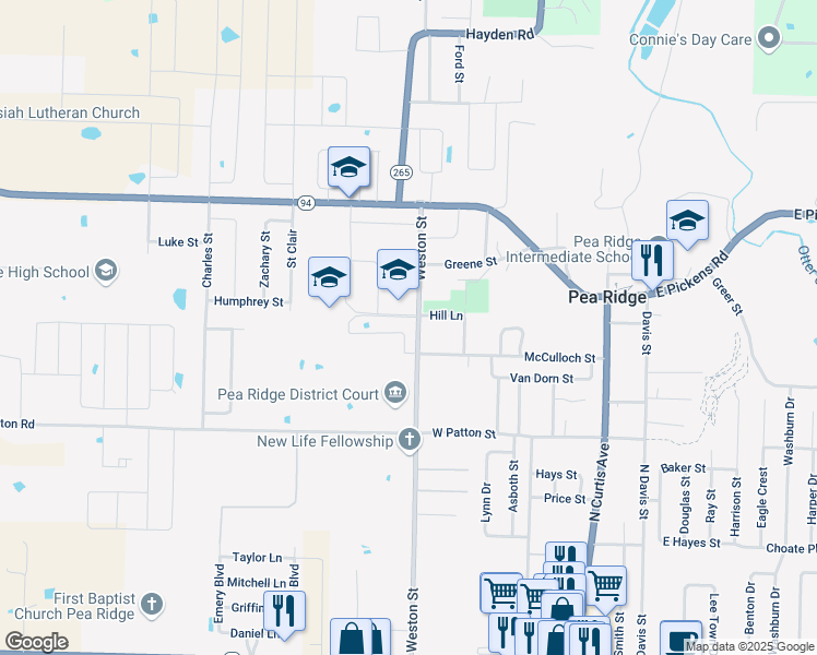 map of restaurants, bars, coffee shops, grocery stores, and more near 1285 Weston Street in Pea Ridge