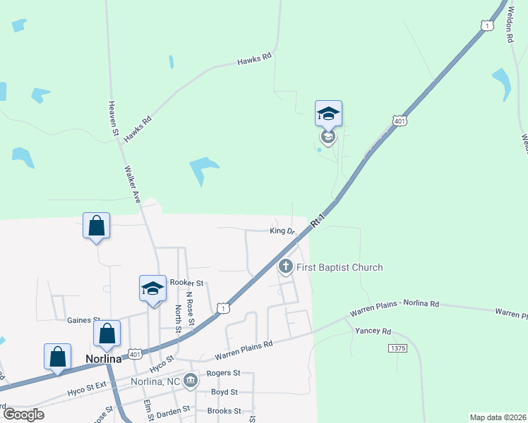 map of restaurants, bars, coffee shops, grocery stores, and more near King Drive in Norlina