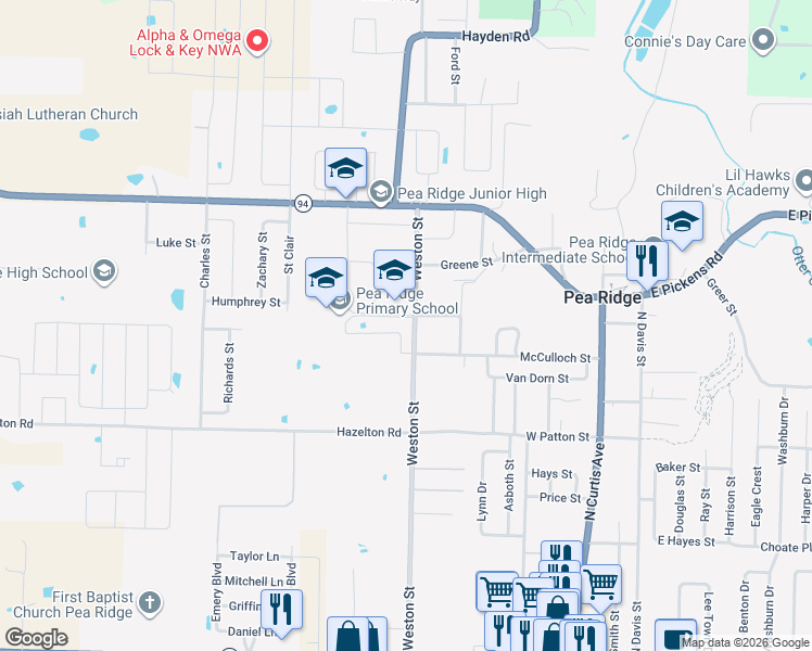 map of restaurants, bars, coffee shops, grocery stores, and more near 1285 Weston Street in Pea Ridge