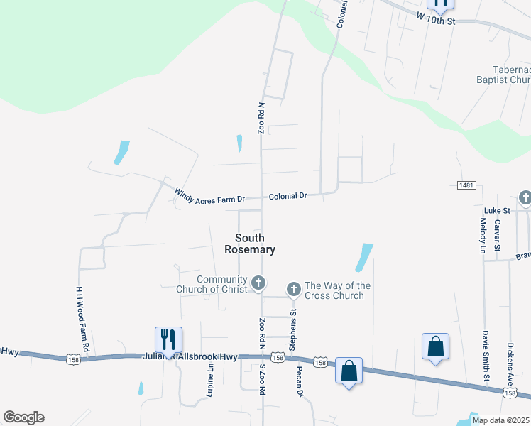 map of restaurants, bars, coffee shops, grocery stores, and more near 474 Zoo Road North in Roanoke Rapids