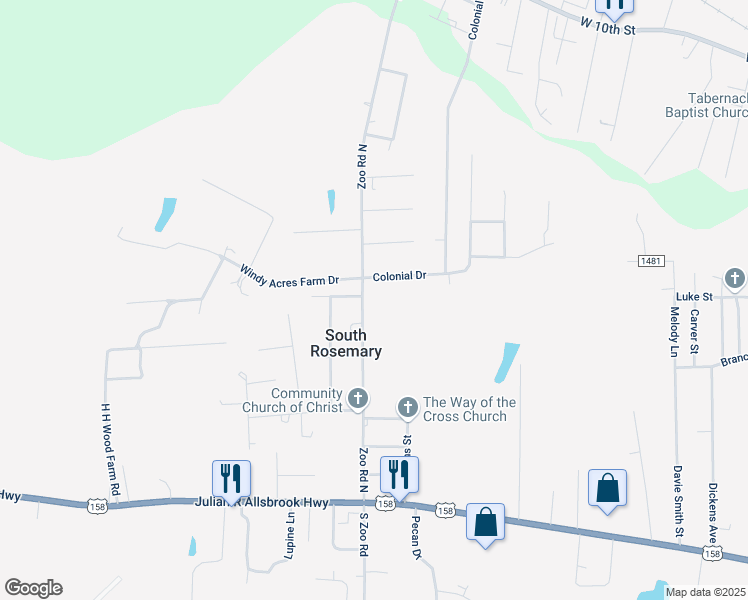 map of restaurants, bars, coffee shops, grocery stores, and more near 474 Zoo Road North in Roanoke Rapids