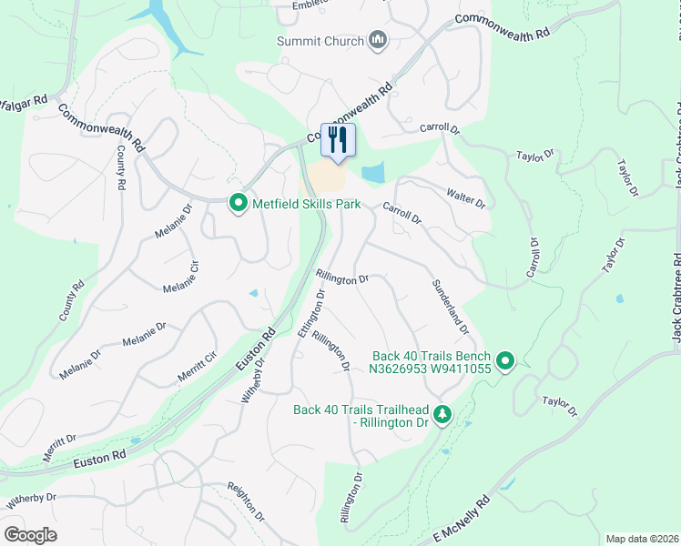 map of restaurants, bars, coffee shops, grocery stores, and more near 3 Rillington Drive in Bella Vista