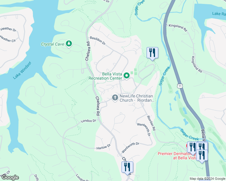 map of restaurants, bars, coffee shops, grocery stores, and more near 13 August Lane in Bella Vista
