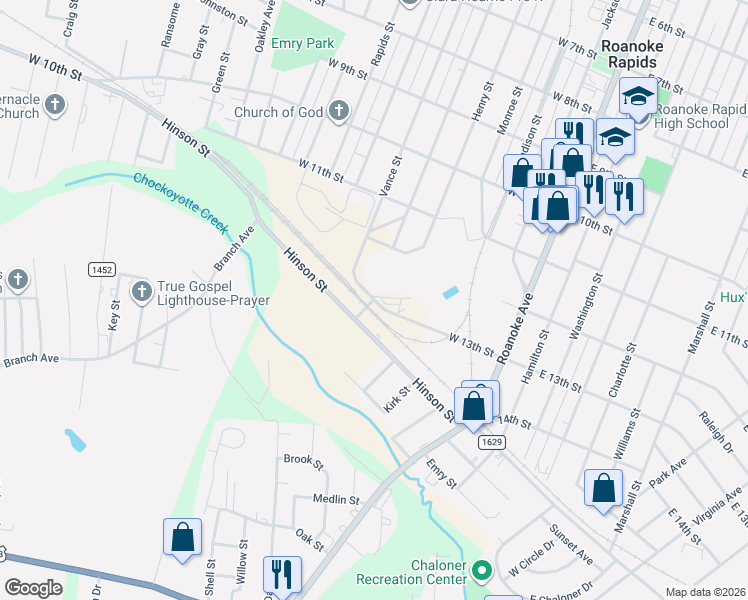 map of restaurants, bars, coffee shops, grocery stores, and more near 1301 Franklin Street in Roanoke Rapids