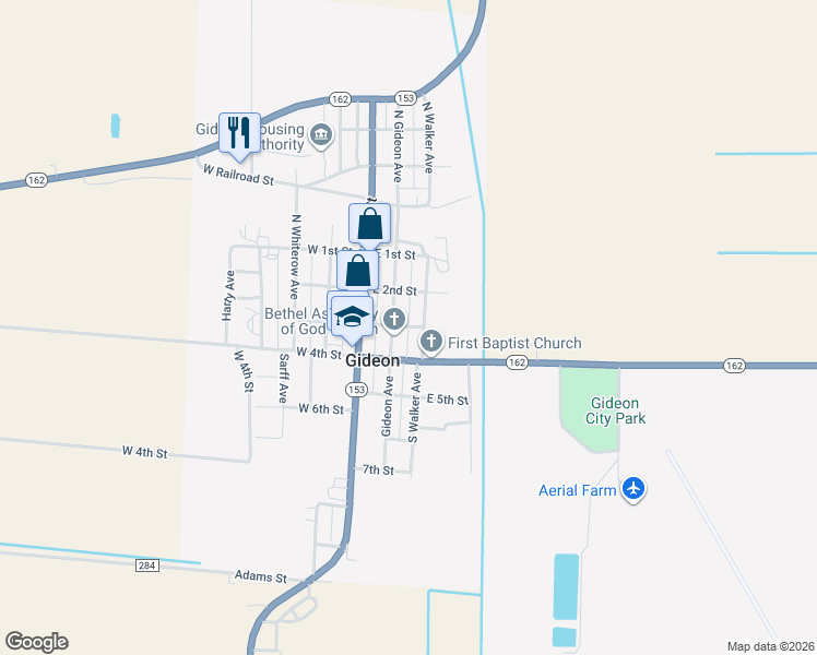 map of restaurants, bars, coffee shops, grocery stores, and more near 253 East 3rd Street in Gideon