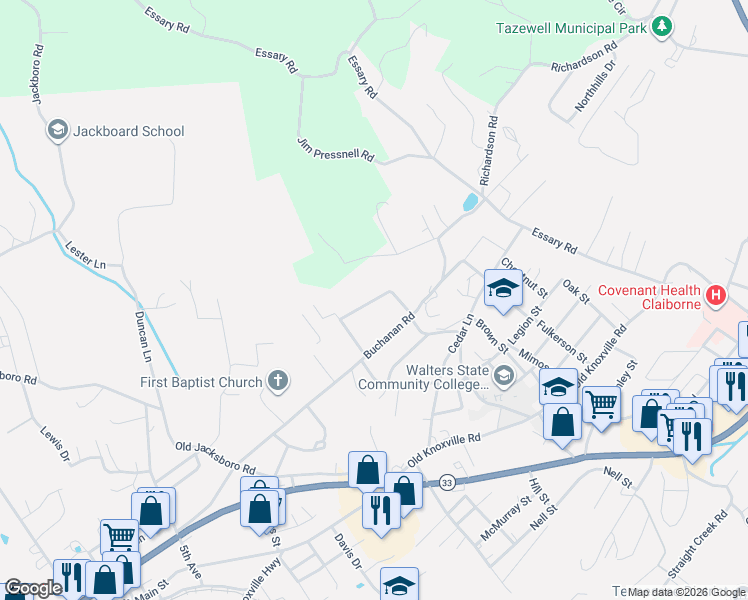 map of restaurants, bars, coffee shops, grocery stores, and more near 1010 Overton Drive in Tazewell