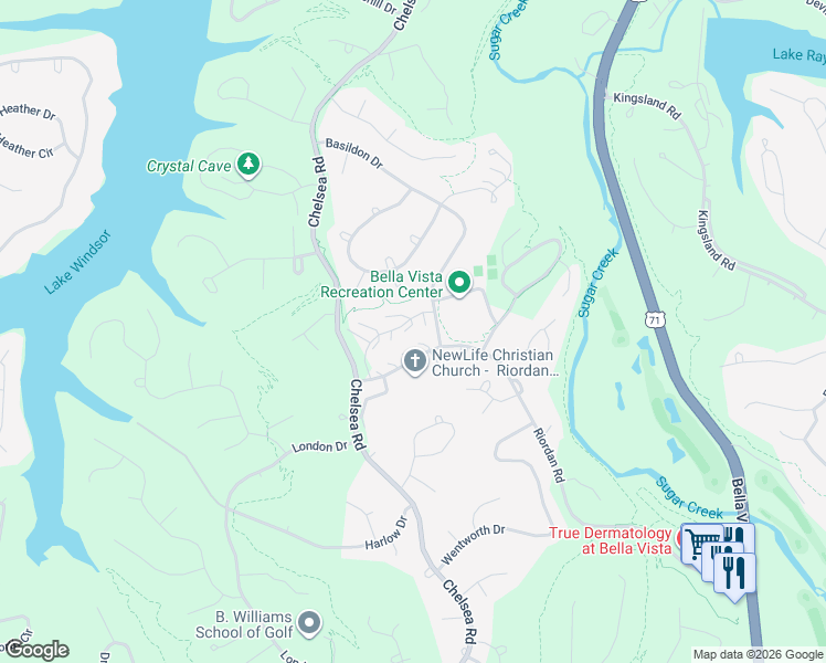map of restaurants, bars, coffee shops, grocery stores, and more near 17 August Lane in Bella Vista
