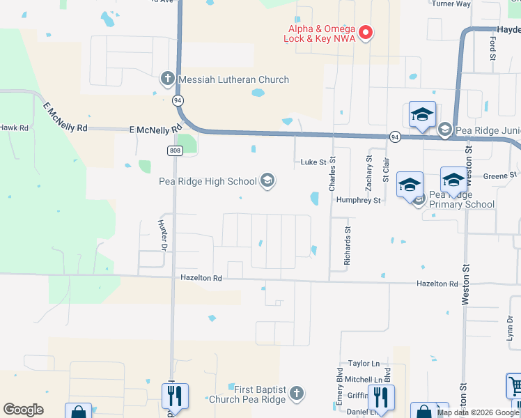 map of restaurants, bars, coffee shops, grocery stores, and more near 1712 Seay Circle in Pea Ridge