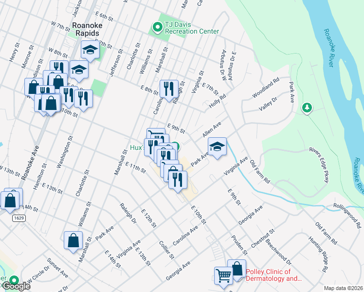 map of restaurants, bars, coffee shops, grocery stores, and more near 1015 East 9th Street in Roanoke Rapids