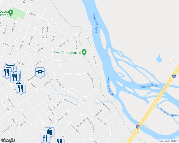 map of restaurants, bars, coffee shops, grocery stores, and more near 740 Rivers Edge Parkway in Roanoke Rapids