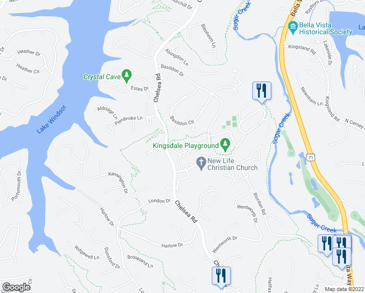 map of restaurants, bars, coffee shops, grocery stores, and more near 8 Gretchen Lane in Bella Vista