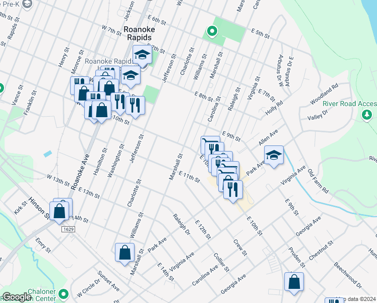 map of restaurants, bars, coffee shops, grocery stores, and more near 605 East 10th Street in Roanoke Rapids