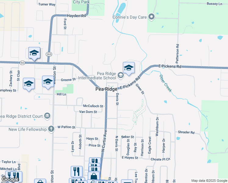 map of restaurants, bars, coffee shops, grocery stores, and more near 214 McIntosh Street in Pea Ridge