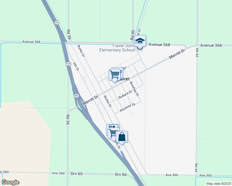 map of restaurants, bars, coffee shops, grocery stores, and more near in Traver
