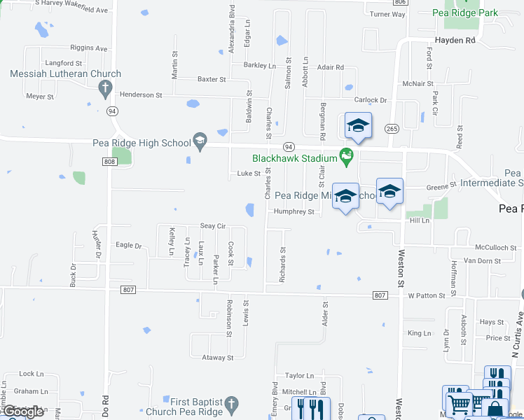 map of restaurants, bars, coffee shops, grocery stores, and more near 1343 Charles Street in Pea Ridge