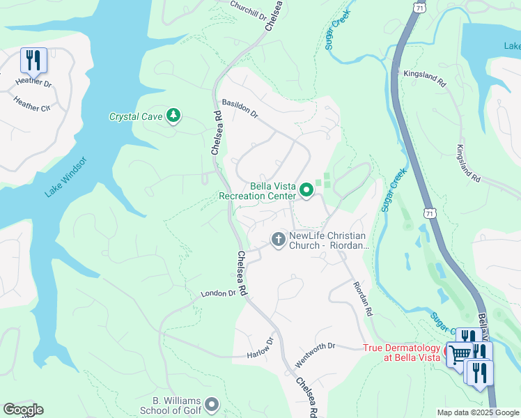 map of restaurants, bars, coffee shops, grocery stores, and more near 7 Rockford Lane in Bella Vista