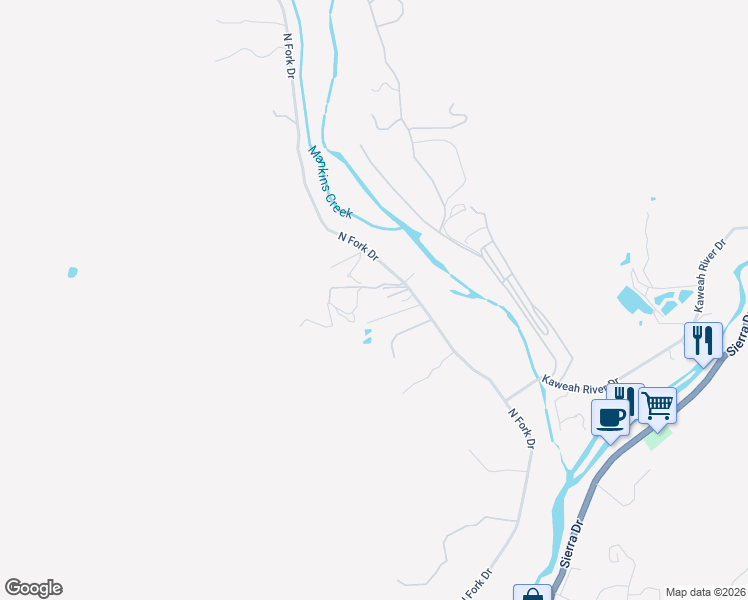 map of restaurants, bars, coffee shops, grocery stores, and more near 42741 North Fork Drive in Three Rivers