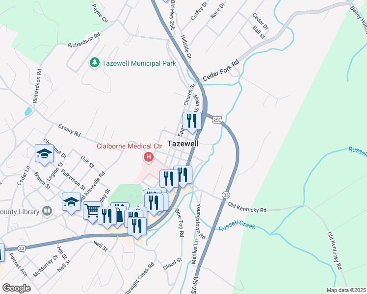 map of restaurants, bars, coffee shops, grocery stores, and more near in Tazewell
