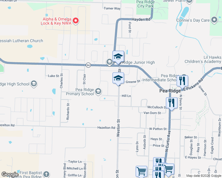 map of restaurants, bars, coffee shops, grocery stores, and more near 1405 Weston Street in Pea Ridge