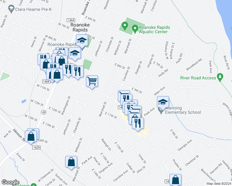 map of restaurants, bars, coffee shops, grocery stores, and more near 925 Carolina Street in Roanoke Rapids