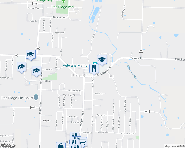 map of restaurants, bars, coffee shops, grocery stores, and more near 1412 North Davis Street in Pea Ridge