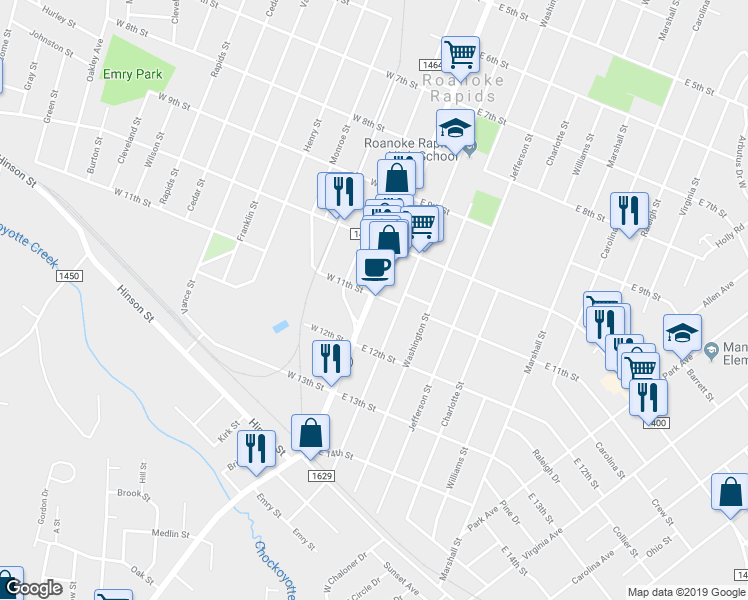 map of restaurants, bars, coffee shops, grocery stores, and more near 14 East 11th Street in Roanoke Rapids