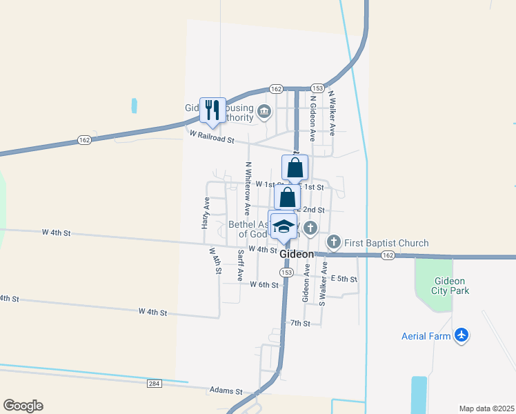 map of restaurants, bars, coffee shops, grocery stores, and more near 244 West 2nd Street in Gideon