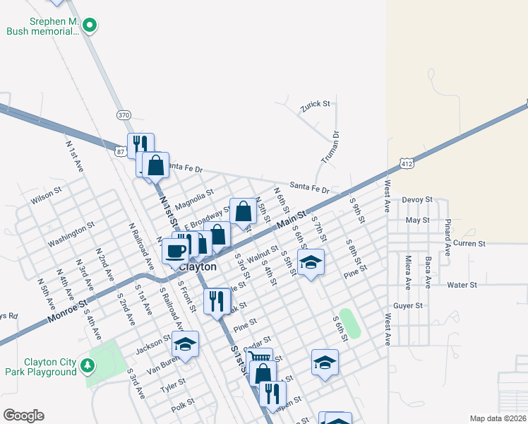 map of restaurants, bars, coffee shops, grocery stores, and more near 100 North 5th Street in Clayton