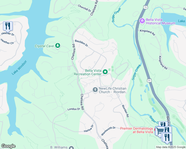 map of restaurants, bars, coffee shops, grocery stores, and more near 7 Rockford Lane in Bella Vista