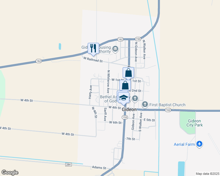 map of restaurants, bars, coffee shops, grocery stores, and more near 101 North Whiterow Avenue in Gideon