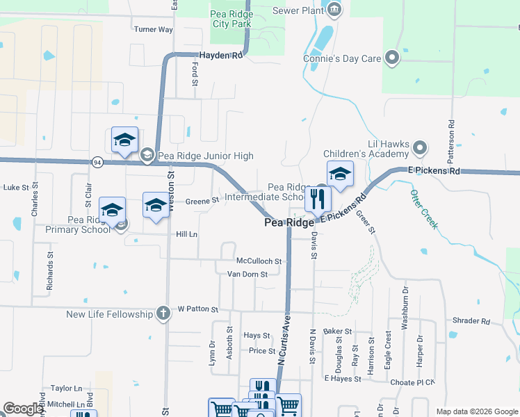 map of restaurants, bars, coffee shops, grocery stores, and more near 195 Pickens Road in Pea Ridge
