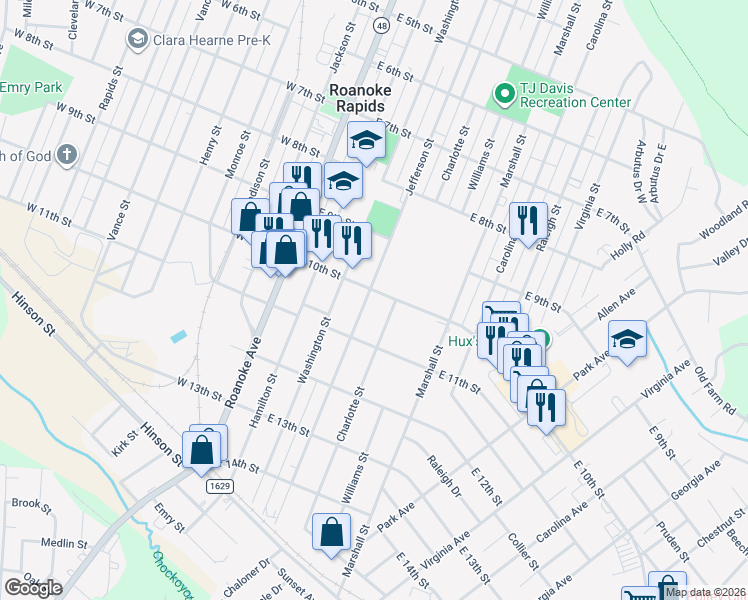 map of restaurants, bars, coffee shops, grocery stores, and more near 1016 Jefferson Street in Roanoke Rapids