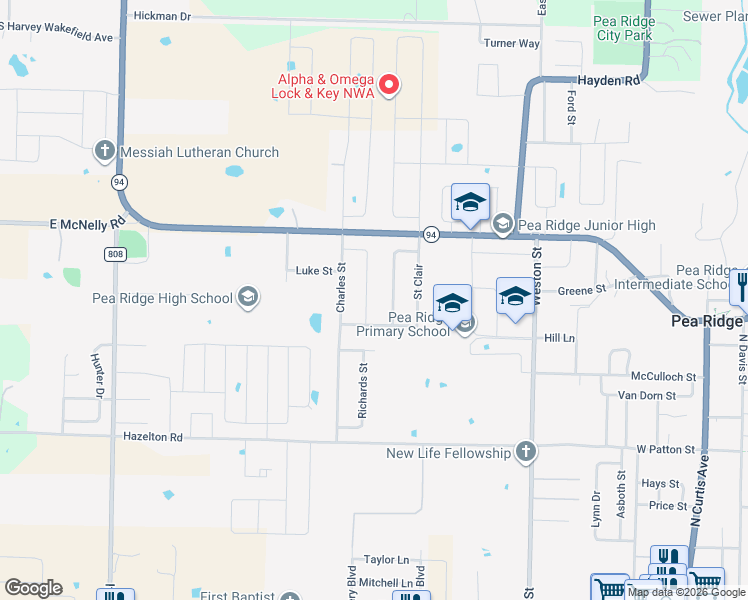 map of restaurants, bars, coffee shops, grocery stores, and more near 1432 Hutchinson St in Pea Ridge