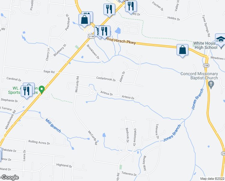 map of restaurants, bars, coffee shops, grocery stores, and more near 112 Firestede Court in White House