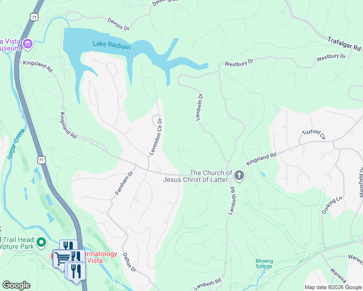 map of restaurants, bars, coffee shops, grocery stores, and more near 20 Donington Lane in Bella Vista
