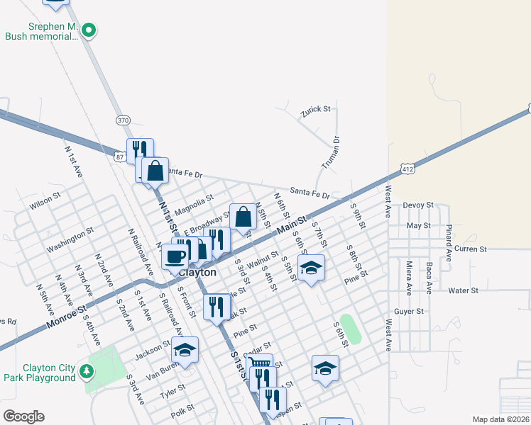 map of restaurants, bars, coffee shops, grocery stores, and more near 100-148 North 5th Street in Clayton