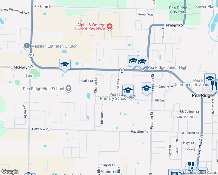 map of restaurants, bars, coffee shops, grocery stores, and more near 1463 Zachary Street in Pea Ridge