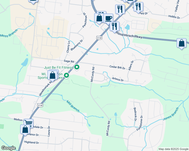 map of restaurants, bars, coffee shops, grocery stores, and more near 100 Cambria Dr in White House