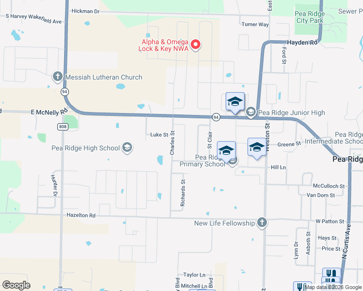 map of restaurants, bars, coffee shops, grocery stores, and more near 1432 Hutchinson Street in Pea Ridge