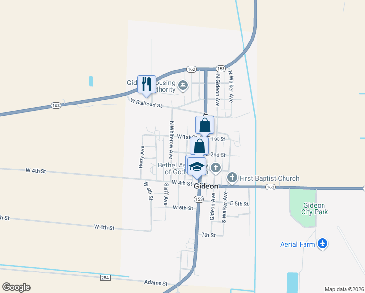 map of restaurants, bars, coffee shops, grocery stores, and more near 244-298 West 2nd Street in Gideon