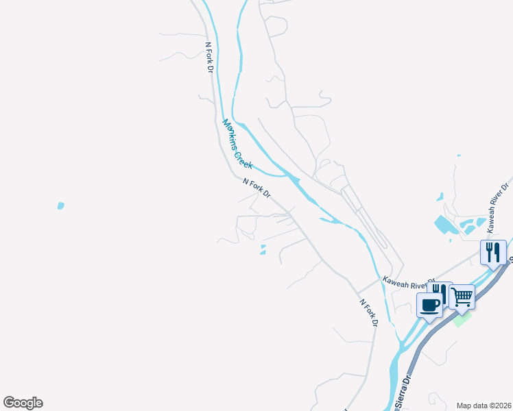 map of restaurants, bars, coffee shops, grocery stores, and more near 42741 North Fork Drive in Three Rivers