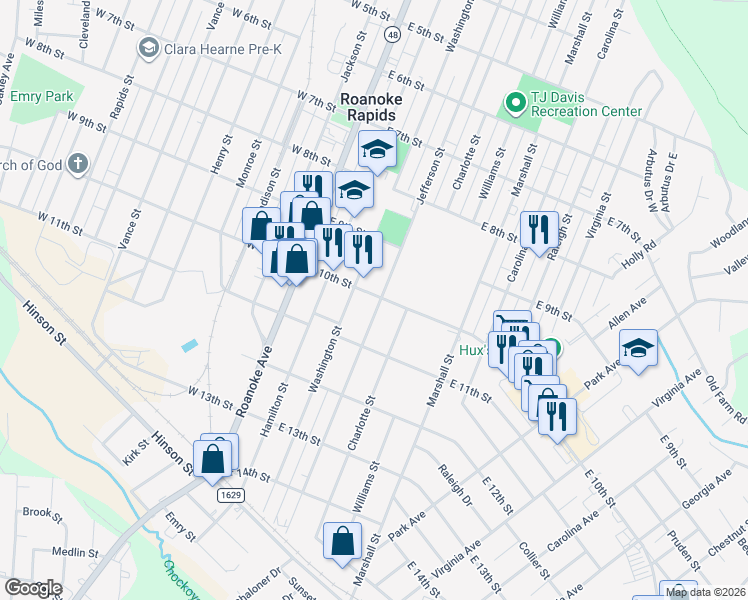 map of restaurants, bars, coffee shops, grocery stores, and more near 1001 Jefferson Street in Roanoke Rapids