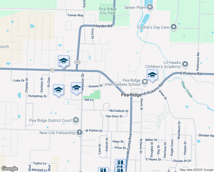 map of restaurants, bars, coffee shops, grocery stores, and more near 285 Greene Street in Pea Ridge