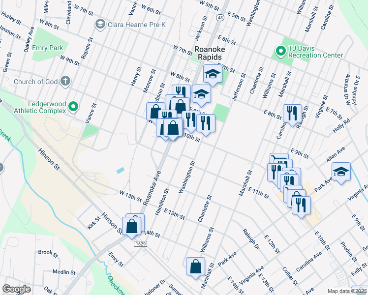 map of restaurants, bars, coffee shops, grocery stores, and more near 1001 Hamilton Street in Roanoke Rapids