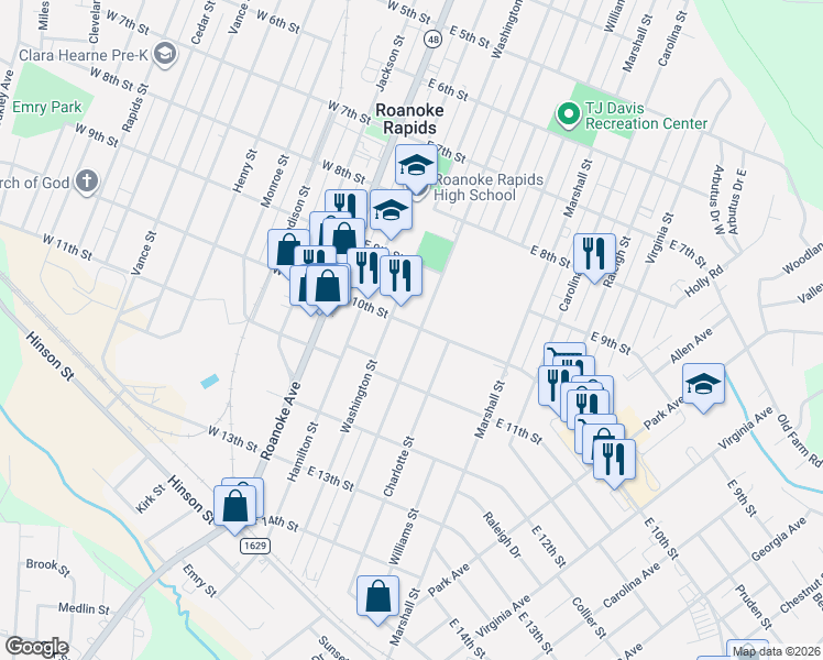 map of restaurants, bars, coffee shops, grocery stores, and more near 1016 Jefferson Street in Roanoke Rapids