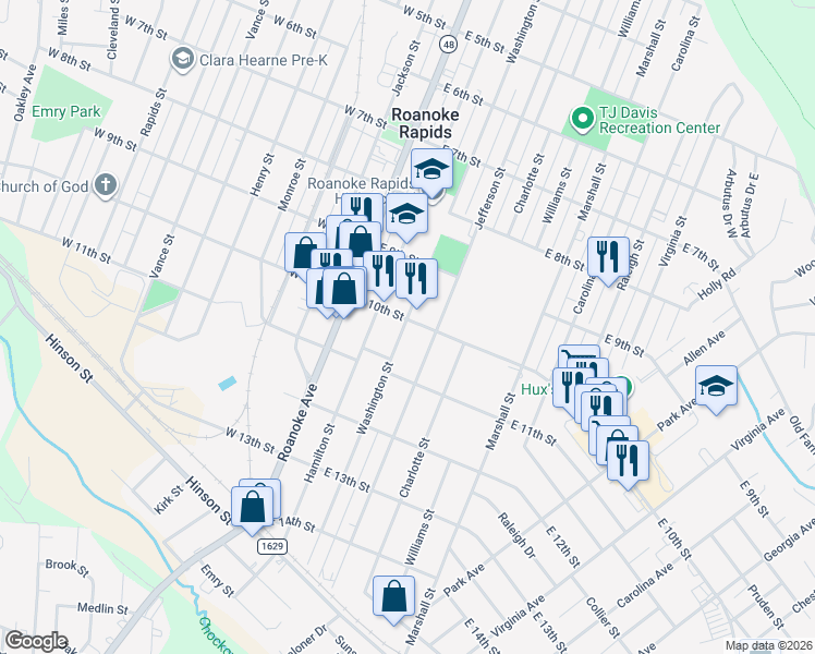 map of restaurants, bars, coffee shops, grocery stores, and more near 209 East 10th Street in Roanoke Rapids