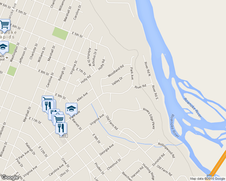 map of restaurants, bars, coffee shops, grocery stores, and more near 631 Park Avenue in Roanoke Rapids
