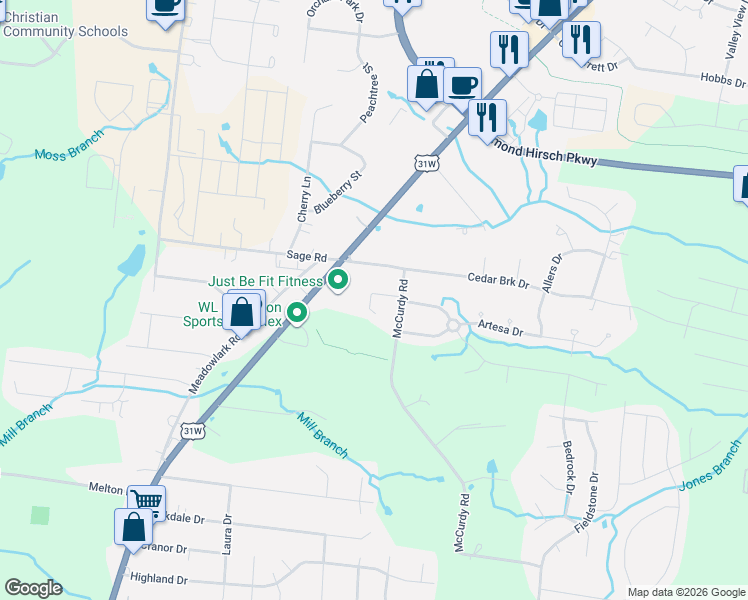 map of restaurants, bars, coffee shops, grocery stores, and more near 725 McCurdy Road in White House