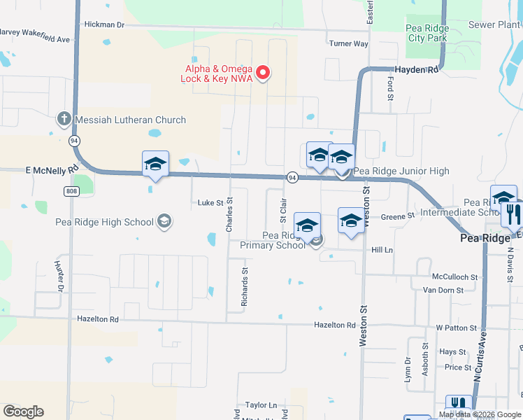 map of restaurants, bars, coffee shops, grocery stores, and more near 1432 Hutchinson Street in Pea Ridge