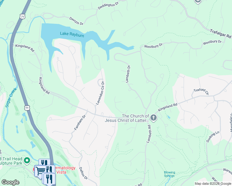 map of restaurants, bars, coffee shops, grocery stores, and more near 20 Donington Lane in Bella Vista